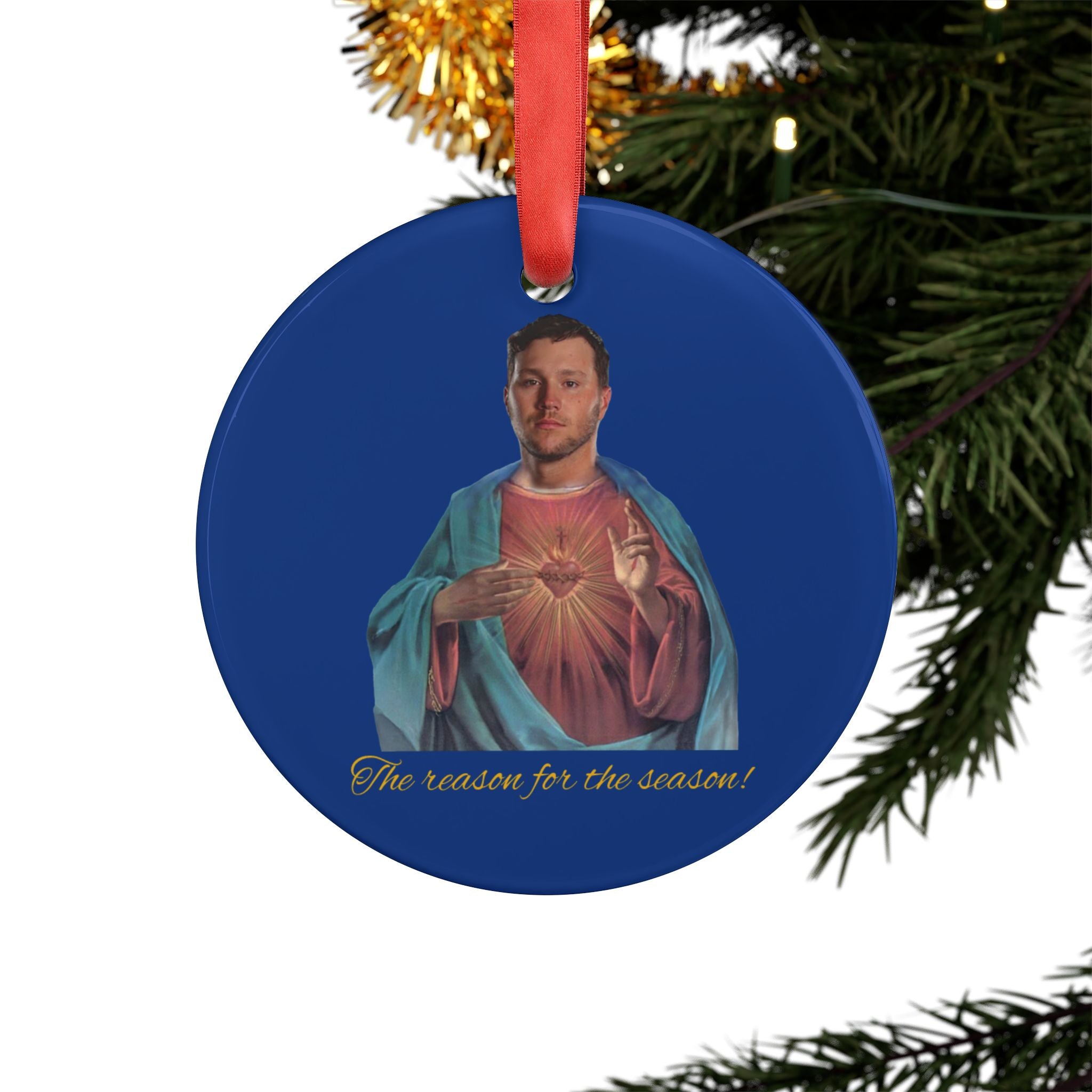 Josh Allen Jesus Christmas Acrylic Ornament with Ribbon, Buffalo Bills Xmas Decor, NFL Football Fan Gift, Hanging Holiday Tree Decoration,