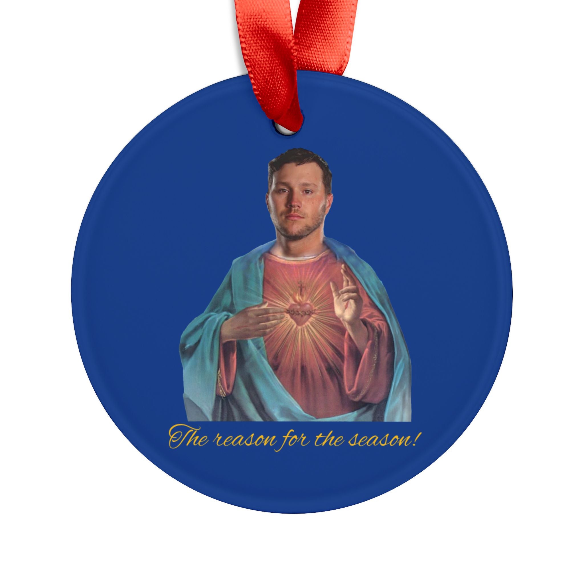 Josh Allen Jesus Christmas Acrylic Ornament with Ribbon, Buffalo Bills Xmas Decor, NFL Football Fan Gift, Hanging Holiday Tree Decoration,