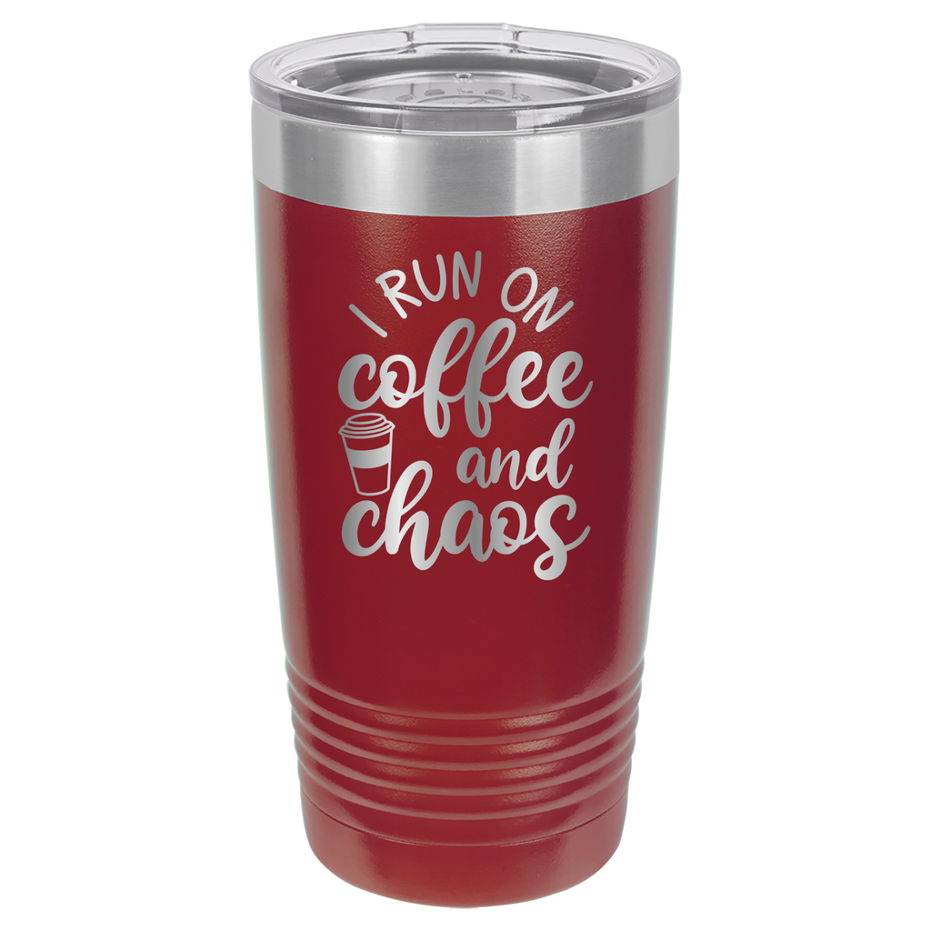 I Run on Coffee and Chaos - 20oz Polar Camel Tumbler - Maroon image