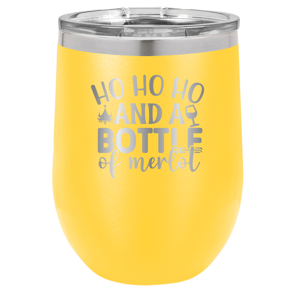 Ho Ho Ho And A Bottle of Merlot - 12oz Polar Camel Wine Tumbler - Yellow image