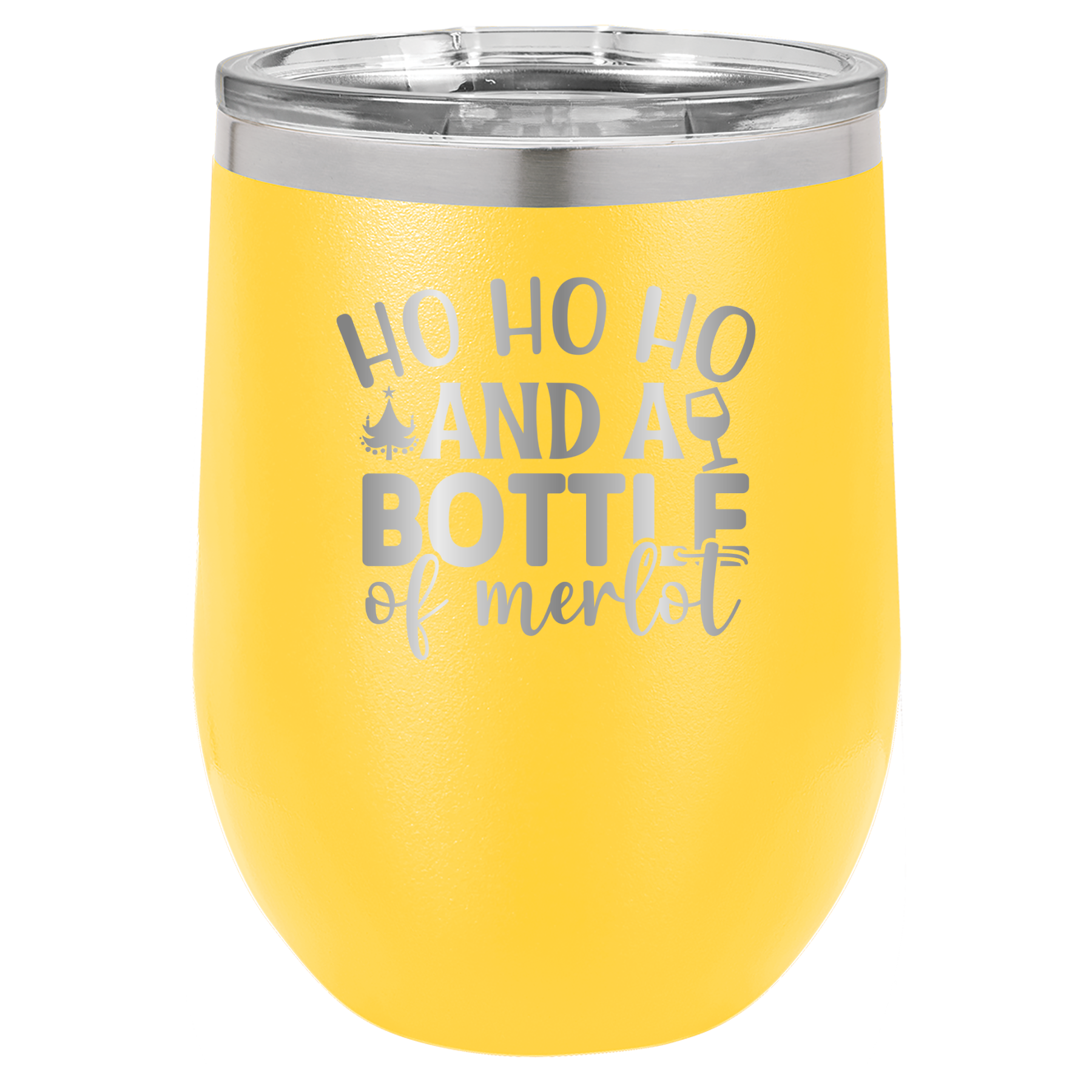Ho Ho Ho And A Bottle of Merlot - 12oz Polar Camel Wine Tumbler - Yellow image