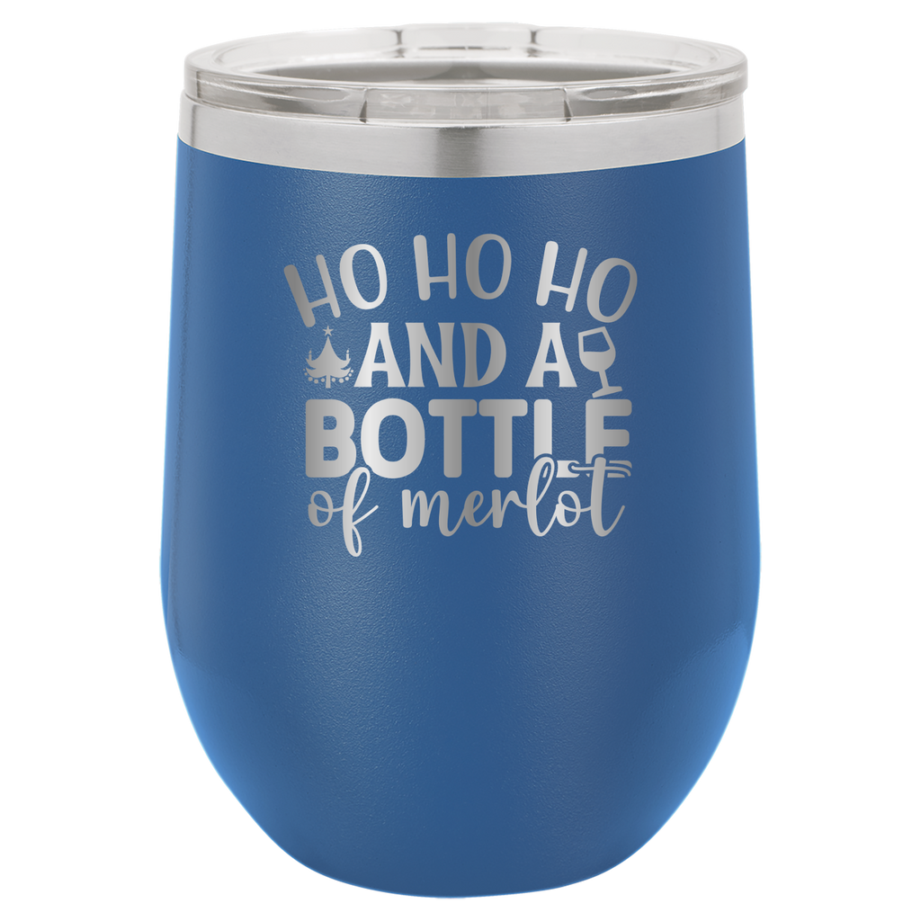 Ho Ho Ho And A Bottle of Merlot - 12oz Polar Camel Wine Tumbler - Royal Blue image