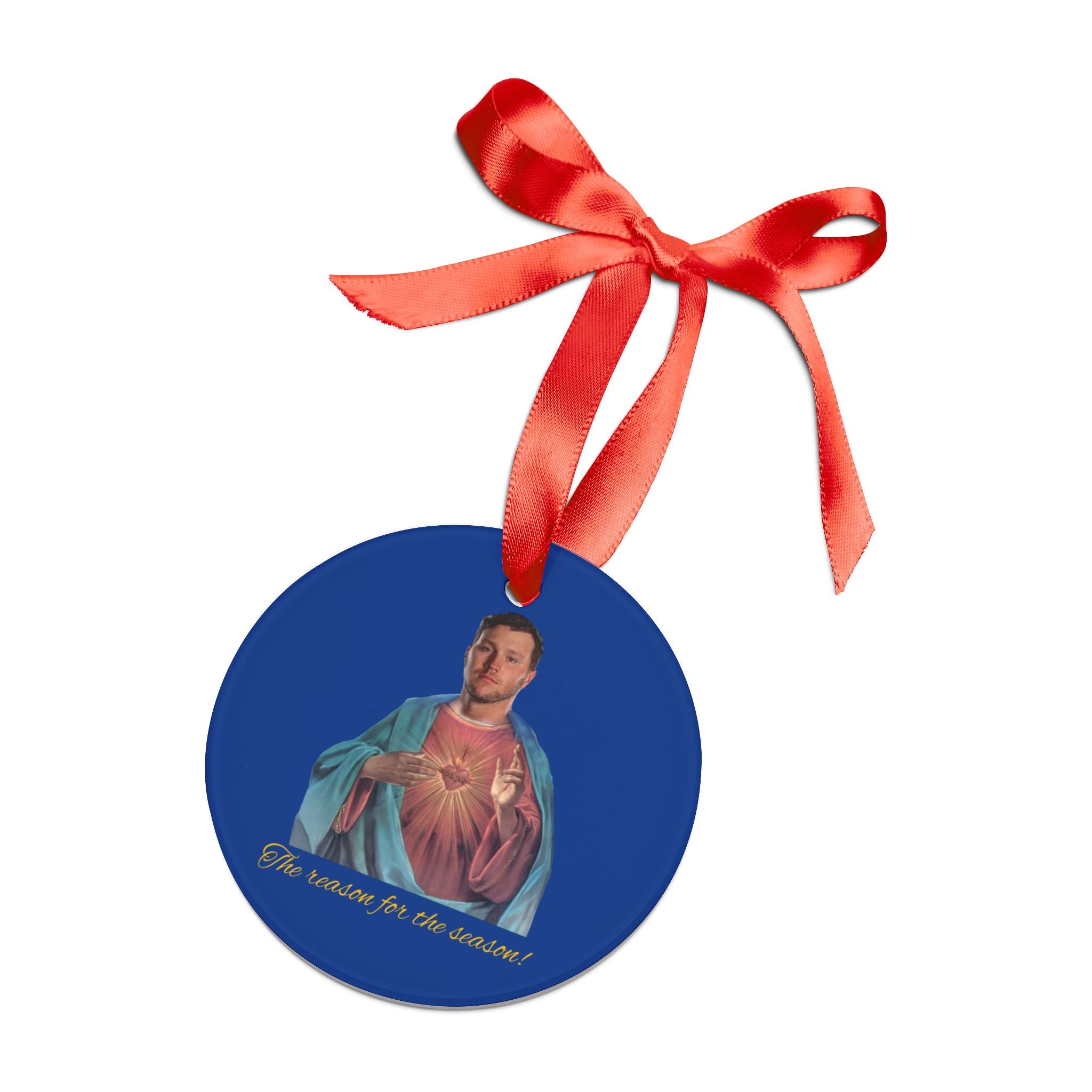 Josh Allen Jesus Christmas Acrylic Ornament with Ribbon, Buffalo Bills Xmas Decor, NFL Football Fan Gift, Hanging Holiday Tree Decoration,