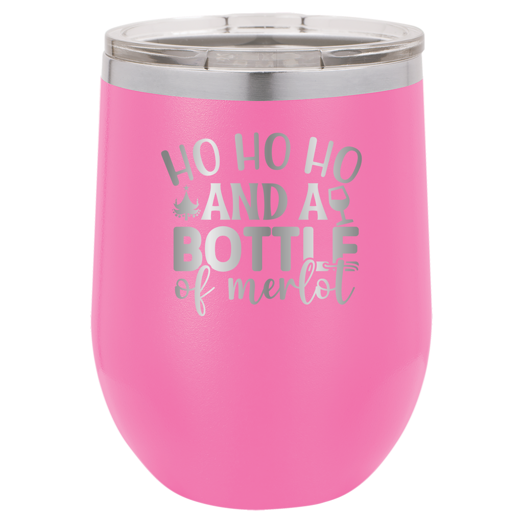 Ho Ho Ho And A Bottle of Merlot - 12oz Polar Camel Wine Tumbler - Pink image