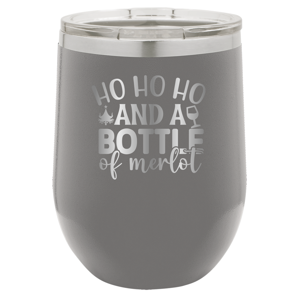 Ho Ho Ho And A Bottle of Merlot - 12oz Polar Camel Wine Tumbler - Gray image
