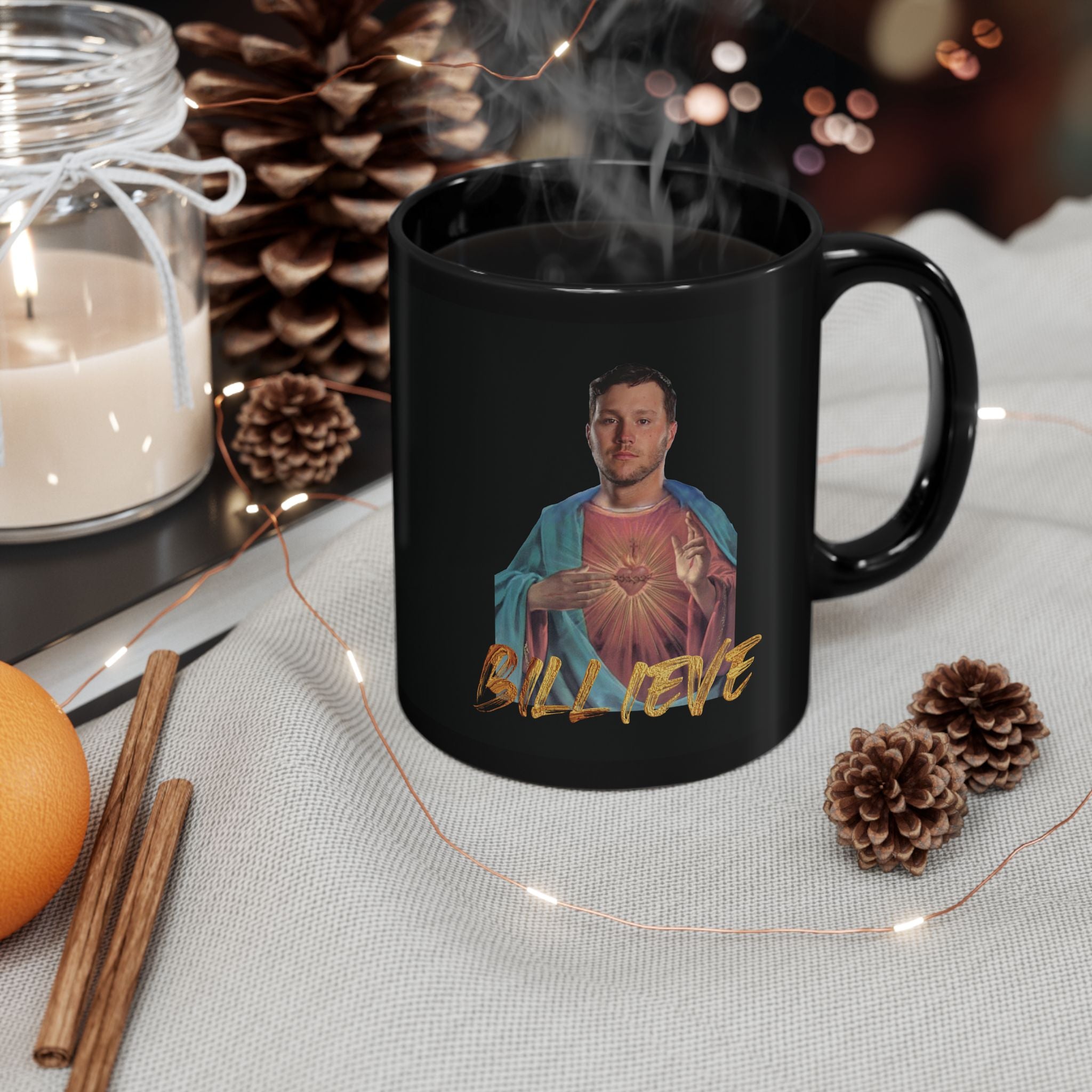 Funny Josh Allen as Jesus Black Mug (11oz) - Humorous Coffee Cup Gift, NFL Football Fan Decor, Buffalo Bills Quarterback Novelty