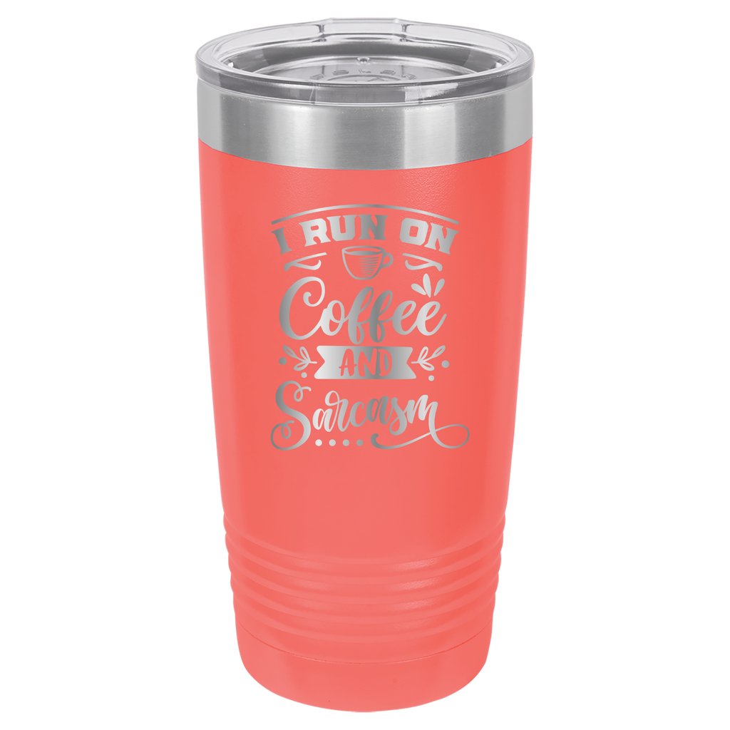 I Run On Coffee and Sarcasm - 20oz Polar Camel Tumbler - Coral image